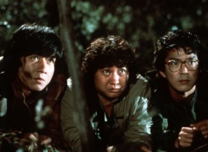 Jackie Chan, Sammo Hung (with Jheri curl) and Yuen Biao in "Wheels on Meals"