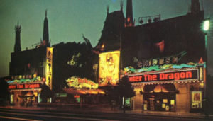 Photo of "Enter the Dragon" at Grauman's Chinese Theater in Hollywood, California, starting August 24, 1973, for a page on graumanschinese.org discussing the various marquees and other signs used over the years to advertise what is playing at Grauman's Chinese. films depicted on this page include: Why Worry? (1923)
