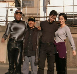 With Laurence Fishburne, Keanu Reeves and Carrie-Ann Moss on the set of The Matrix.