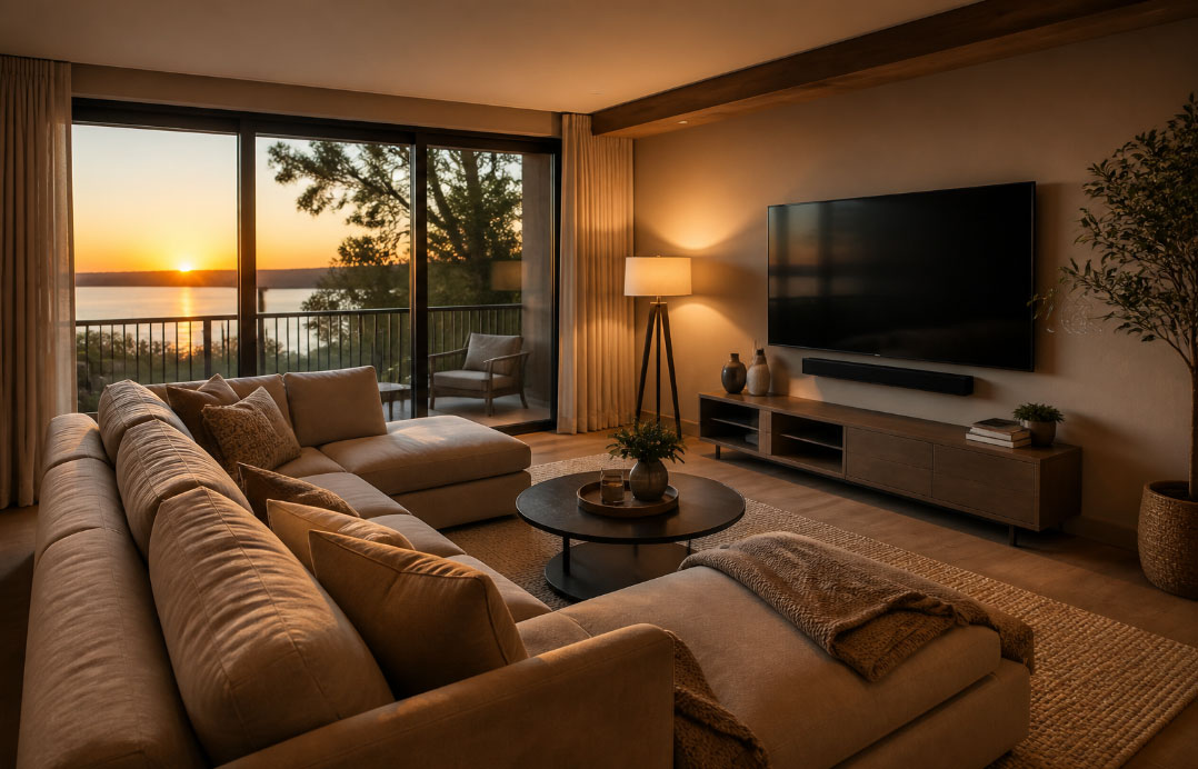 Modern living room with large windows and sunset view