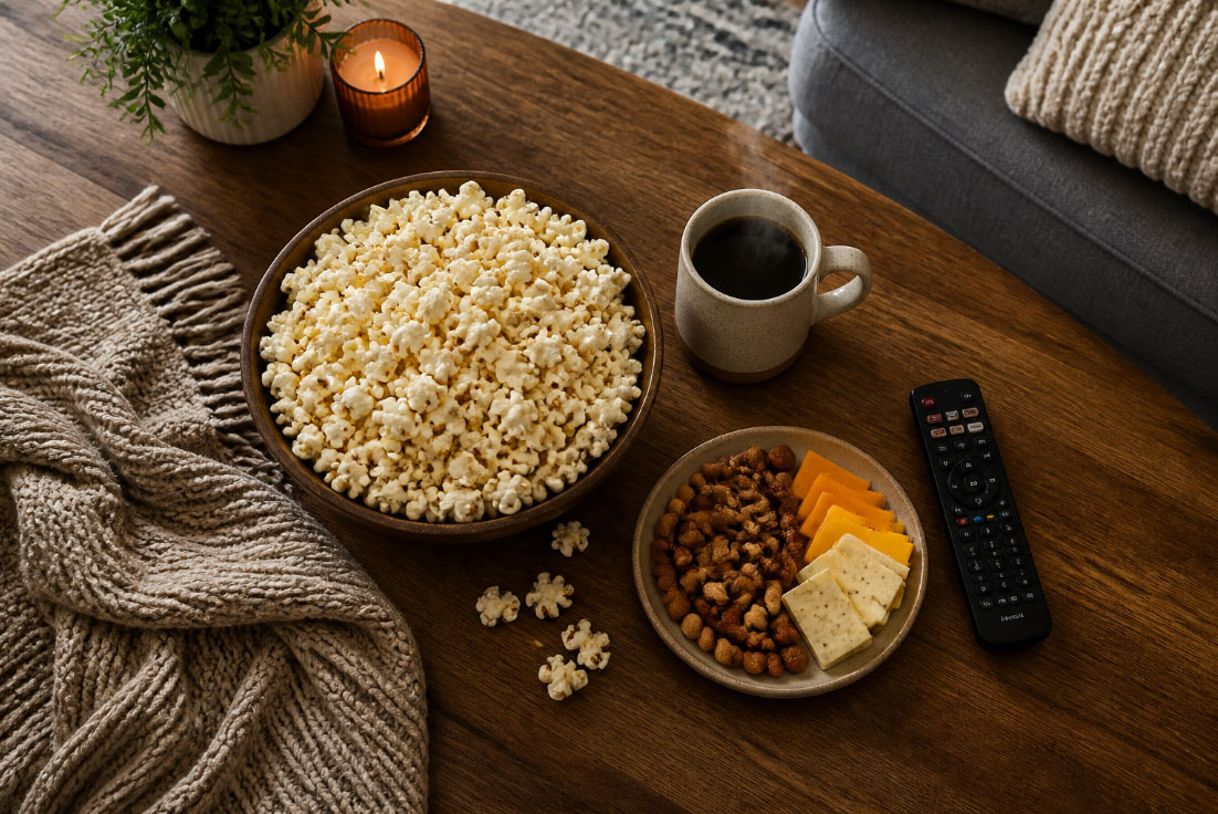 Cozy setup with popcorn, coffee, snacks, and remote on table